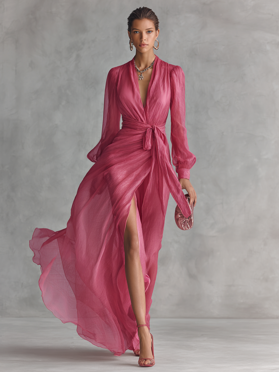 Vestido de Chiffon Rosa com Decote em V