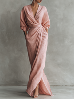 Vestido Maxi de Linho Rosa com Decote em V