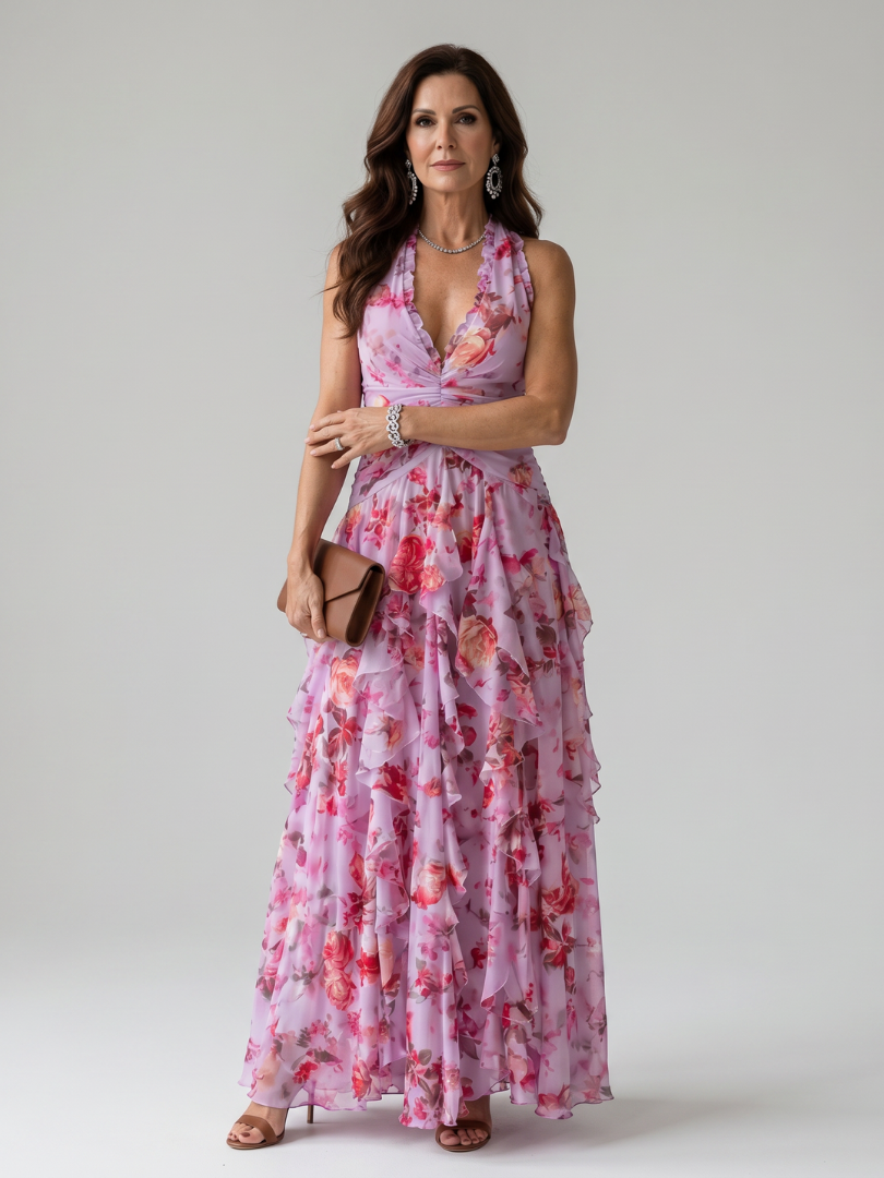 Nori | Vestido Maxi Floral com Decote Halter e Corpete Plissado