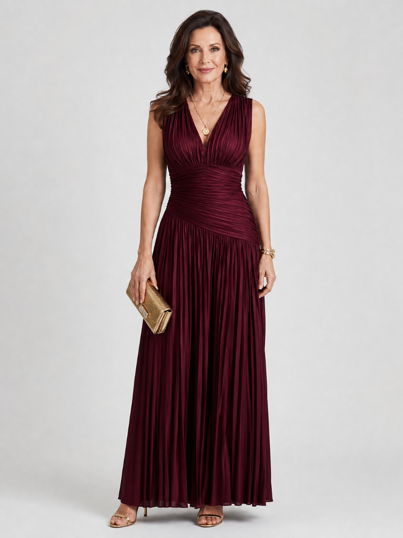 Lemar | Vestido Midi Plissado Sem Mangas com Decote em V