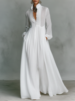 Vestido Maxi de Linho em Patchwork com Gola Alta