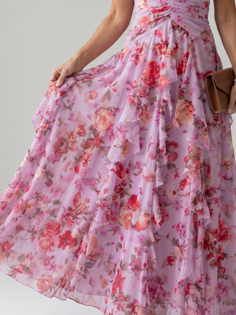 Nori | Vestido Maxi Floral com Decote Halter e Corpete Plissado