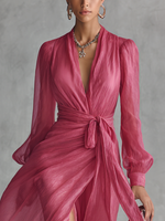 Vestido de Chiffon Rosa com Decote em V
