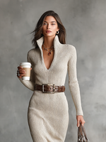 Vestido Midi de Malha com Decote em V Ajustado