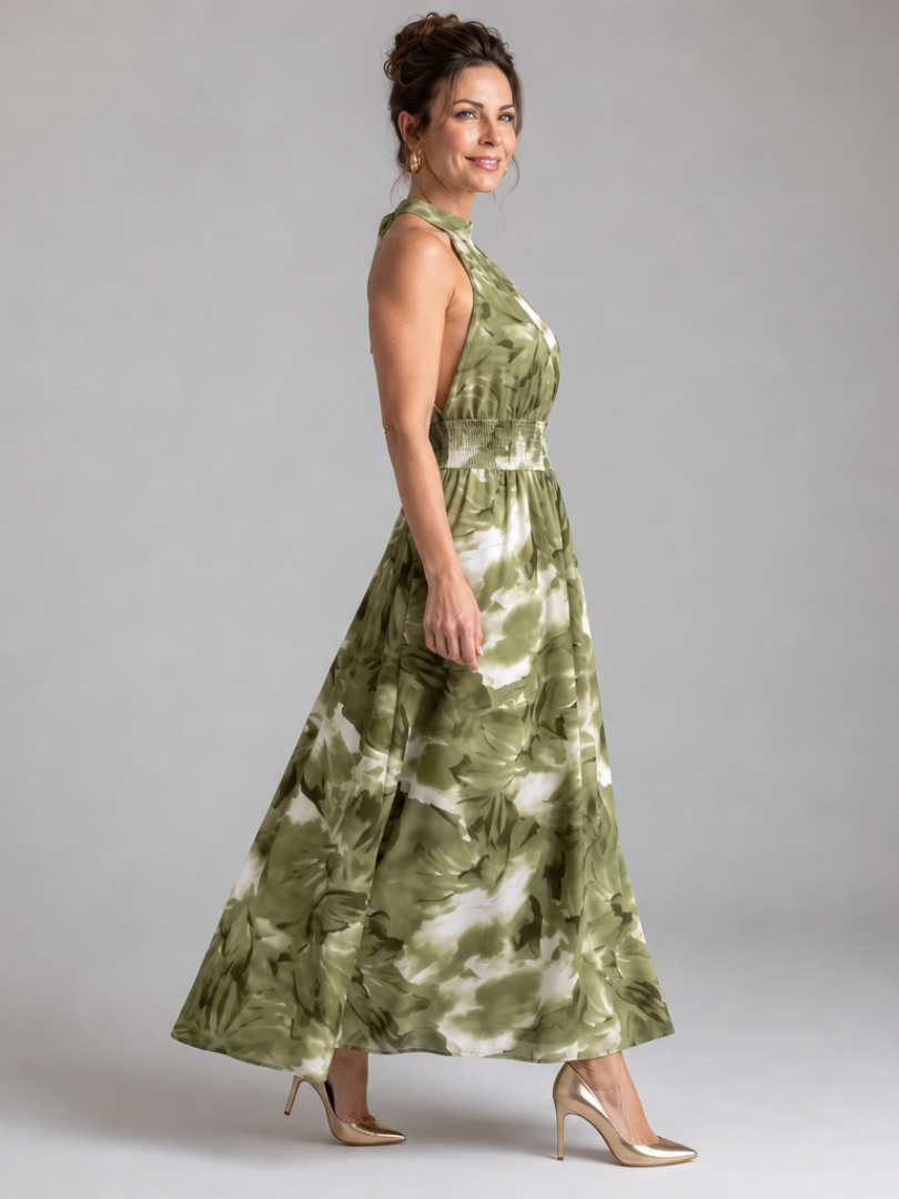 Olivia | Vestido Midi com Cintura Fruncida e Estampa Abstrata