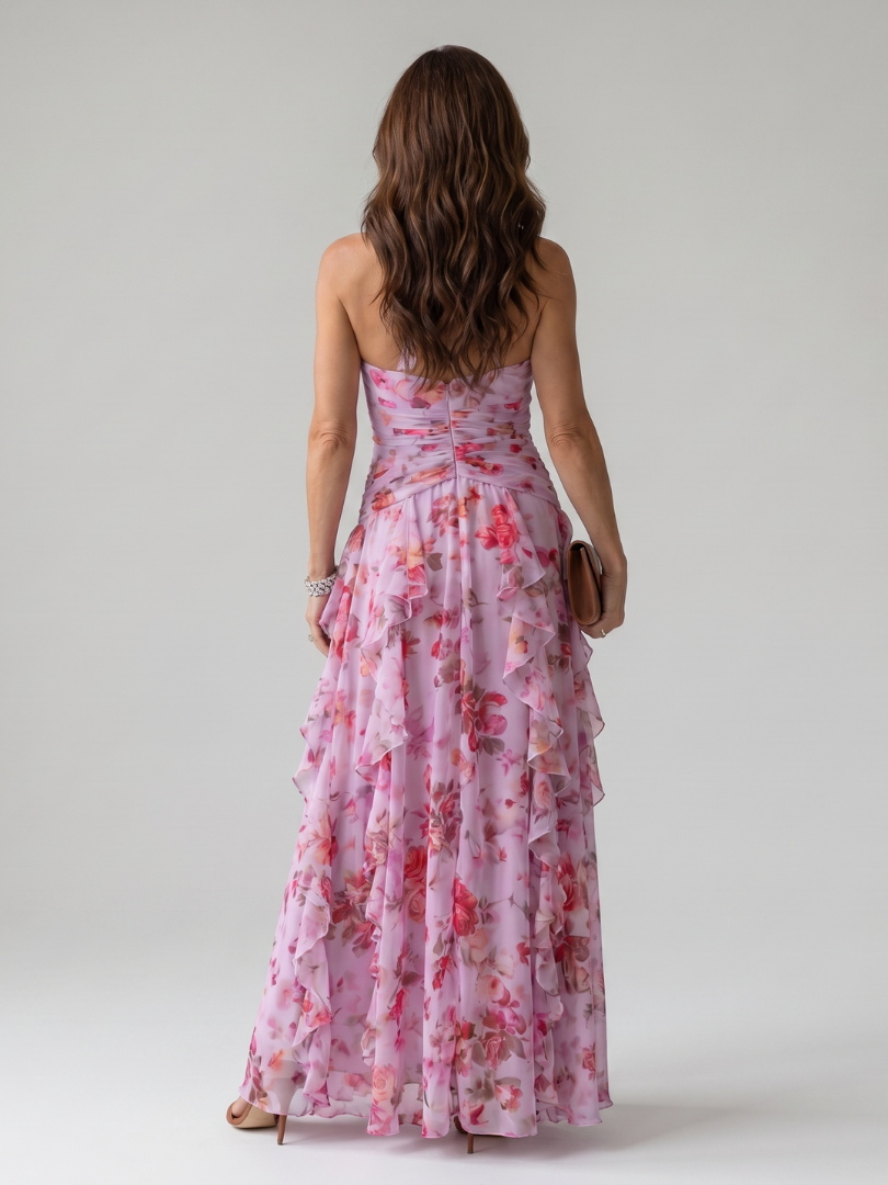 Nori | Vestido Maxi Floral com Decote Halter e Corpete Plissado
