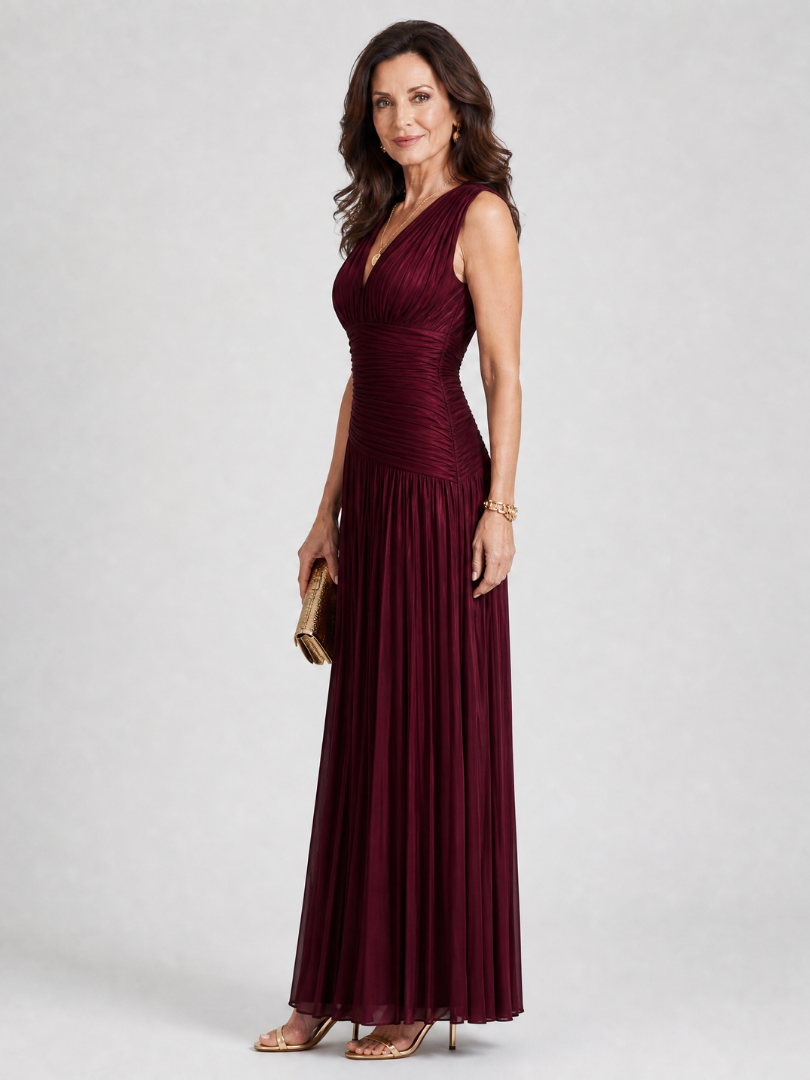 Lemar | Vestido Midi Plissado Sem Mangas com Decote em V