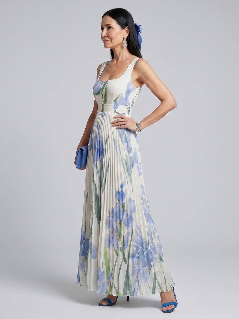 Ophelia | Vestido Midi Floral Sem Mangas com Decote Quadrado