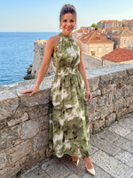 Olivia | Vestido Midi com Cintura Fruncida e Estampa Abstrata