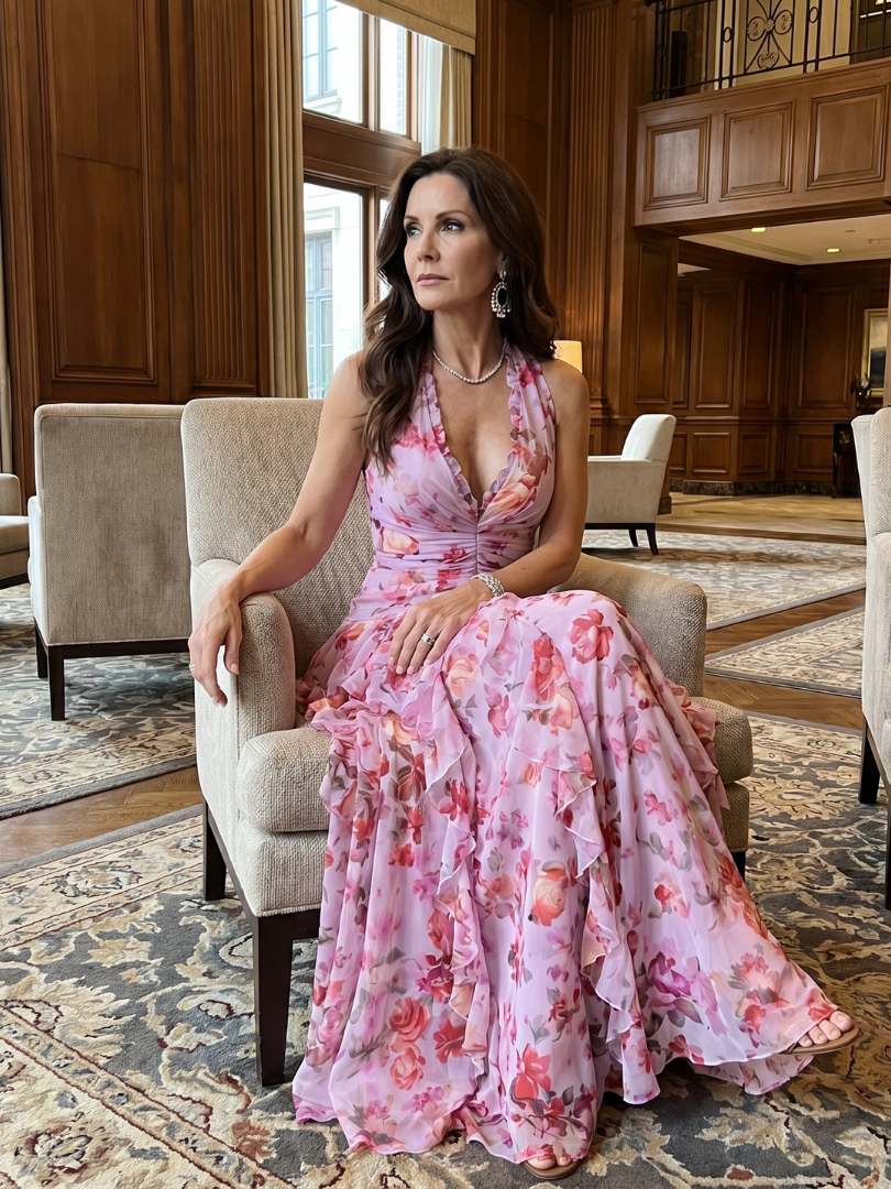 Nori | Vestido Maxi Floral com Decote Halter e Corpete Plissado