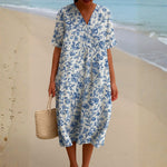 Magnolia - Vestido de Marfim Adornado com Acentos Florais em Azul Porcelana