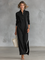 Vestido Maxi de Sweat com Gola de Botão