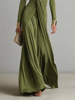 Vestido Maxi de Seda Verde Oliva com Decote em V