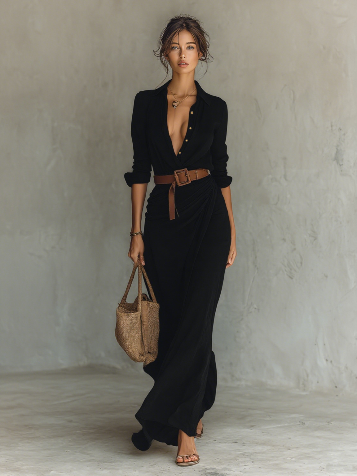Vestido Maxi com Gola Reversa de Manga Longa
