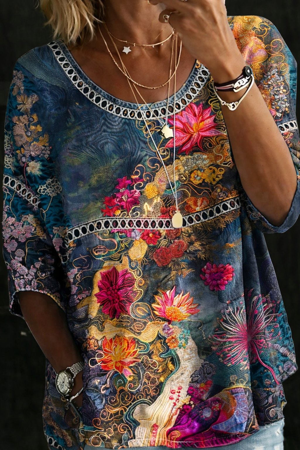 Sandra - Blusa de Denim Floral Vintage