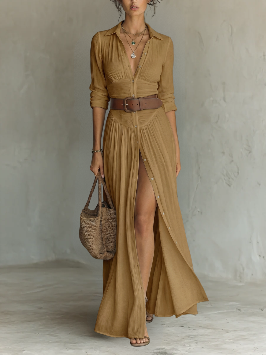 Vestido Maxi de Linho com Gola Reversível de Manga Longa