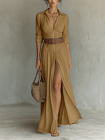 Vestido Maxi de Linho com Gola Reversível de Manga Longa