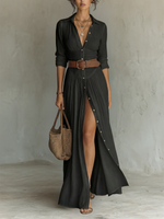 Vestido Maxi de Linho com Gola Reversível de Manga Longa