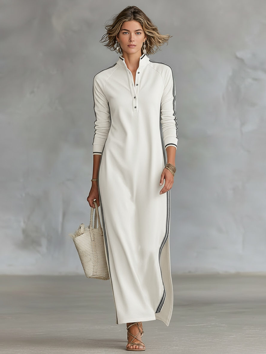 Vestido Maxi de Sweat com Gola de Botão