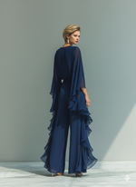 Conjunto de Chiffon Azul Escuro com Rendados