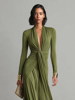 Vestido Maxi de Seda Verde Oliva com Decote em V