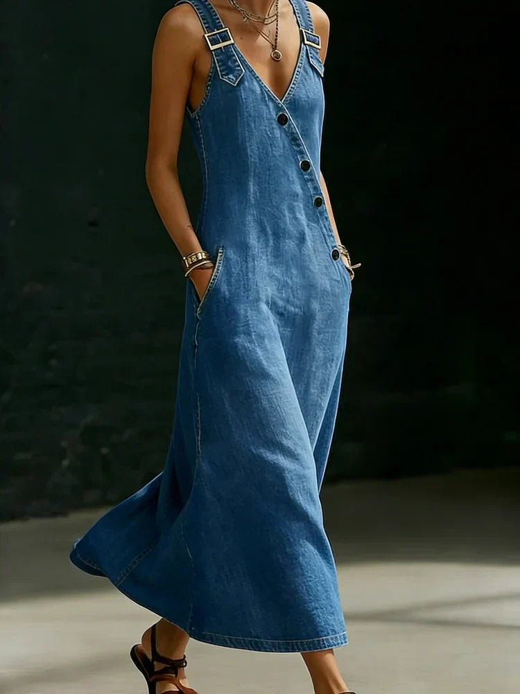 Vera - Vestido Longo de Denim com Botões