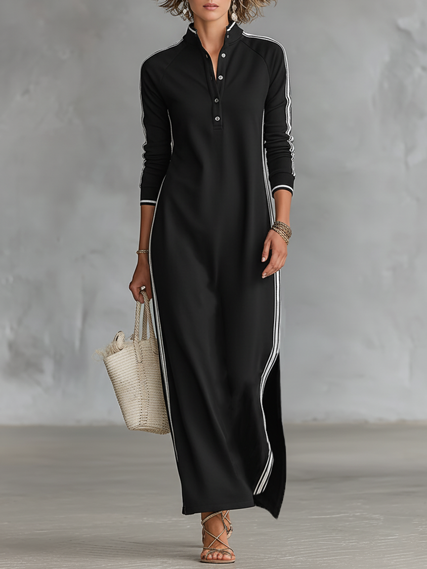 Vestido Maxi de Sweat com Gola de Botão