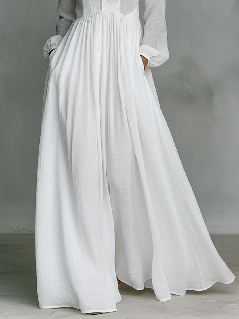 Vestido Maxi de Linho em Patchwork com Gola Alta