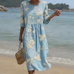 Cátia - Vestido Midi com Estampa de Plantas e Flores
