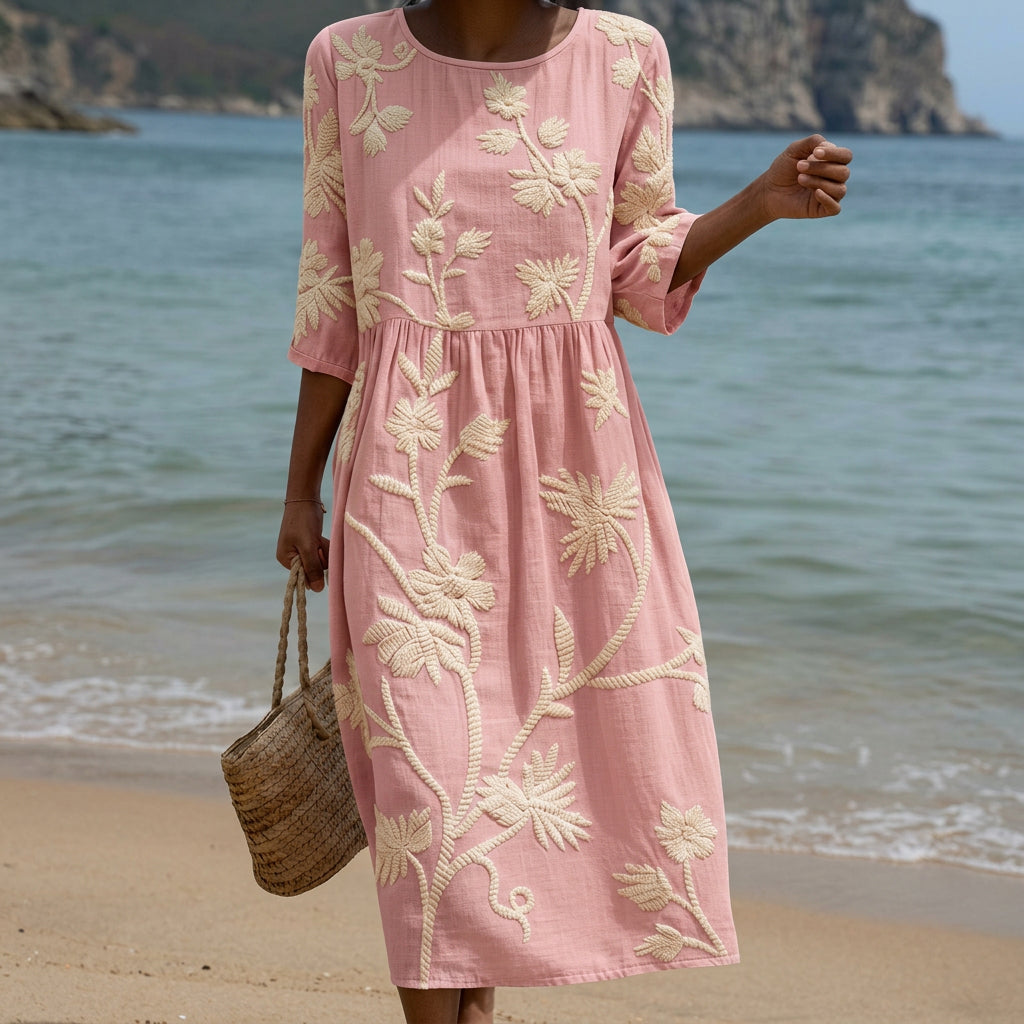 Paula - Vestido Midi com Estampado de Plantas e Flores