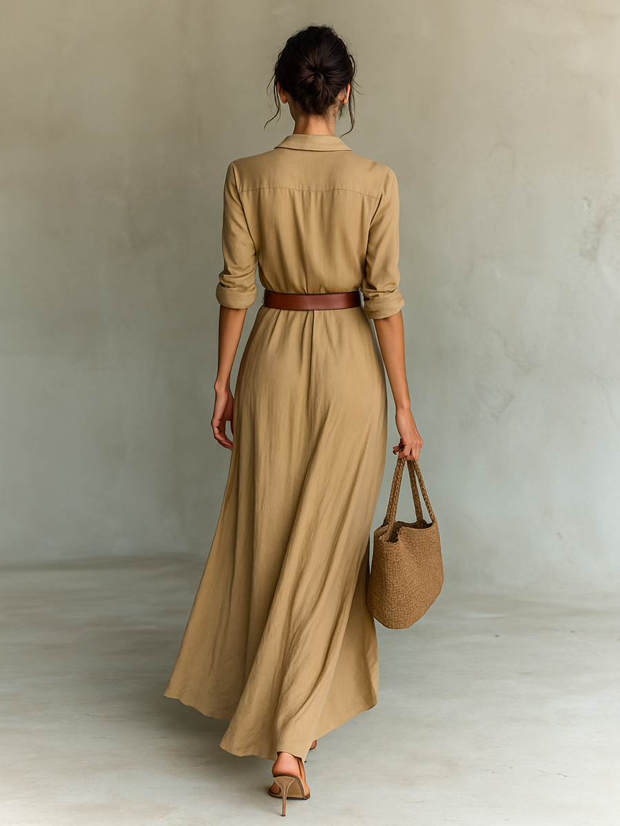 Vestido Maxi com Gola Reversa de Manga Longa