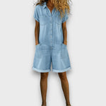 Cátia - Macacão curto vintage em algodão com aspeto de denim