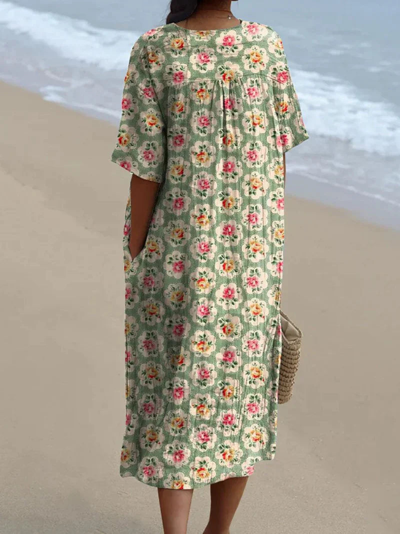 Eulállia - Vestido Floral Retro em Verde Água