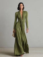 Vestido Maxi de Seda Verde Oliva com Decote em V