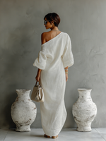Vestido de Linho Off-White Sem Alças