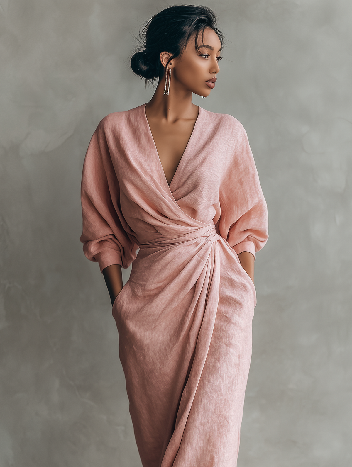 Vestido Maxi de Linho Rosa com Decote em V