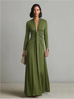 Vestido Maxi de Seda Verde Oliva com Decote em V