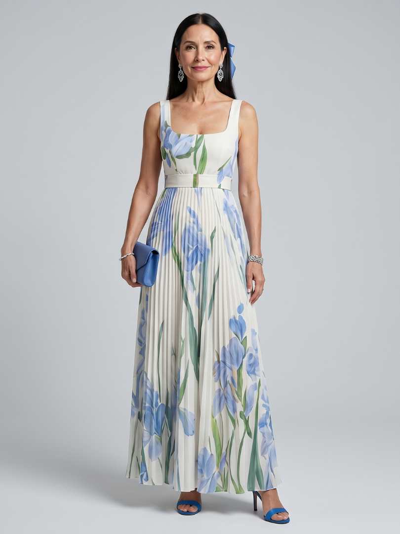Ophelia | Vestido Midi Floral Sem Mangas com Decote Quadrado