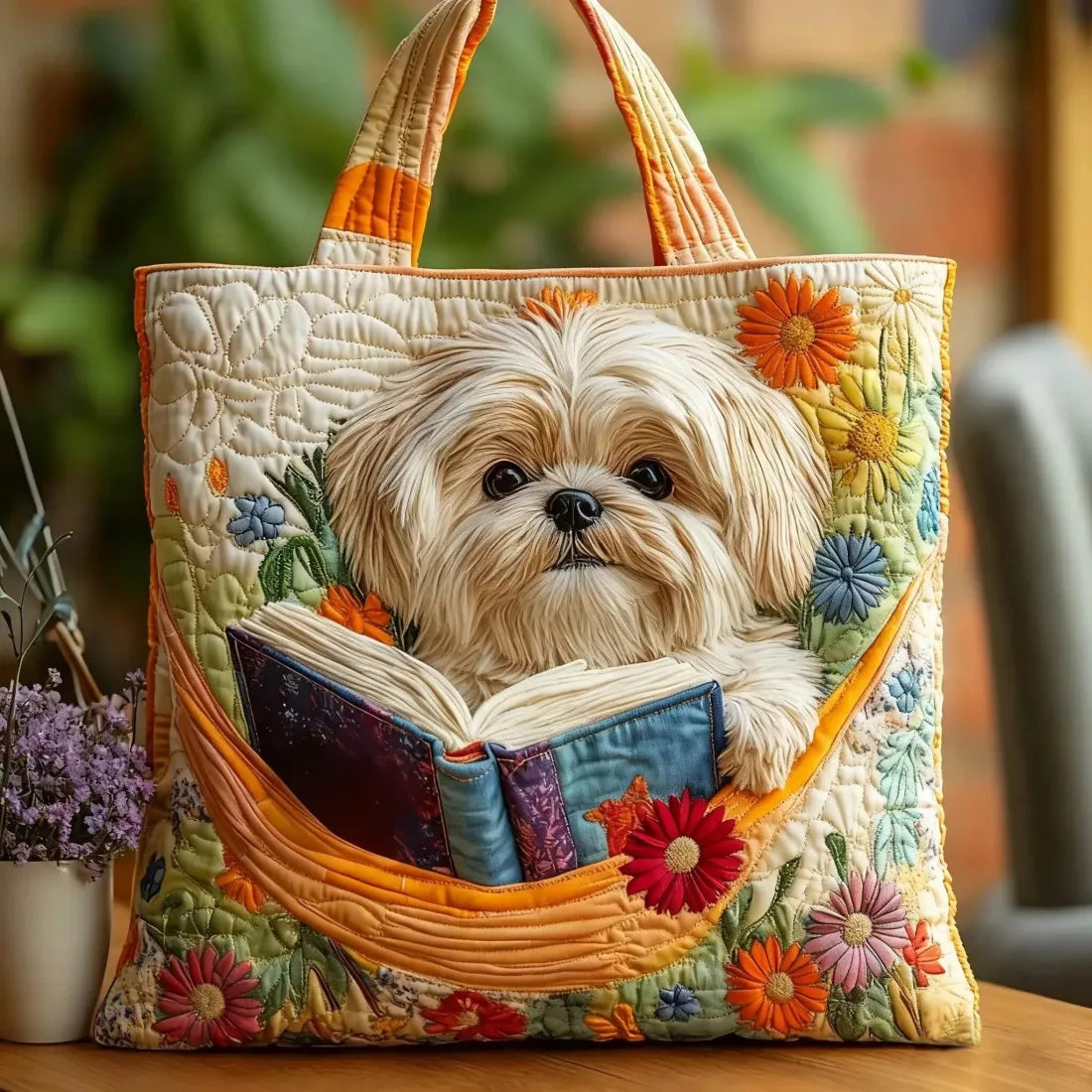 Saco Tote de Livro e Flores Shih Tzu