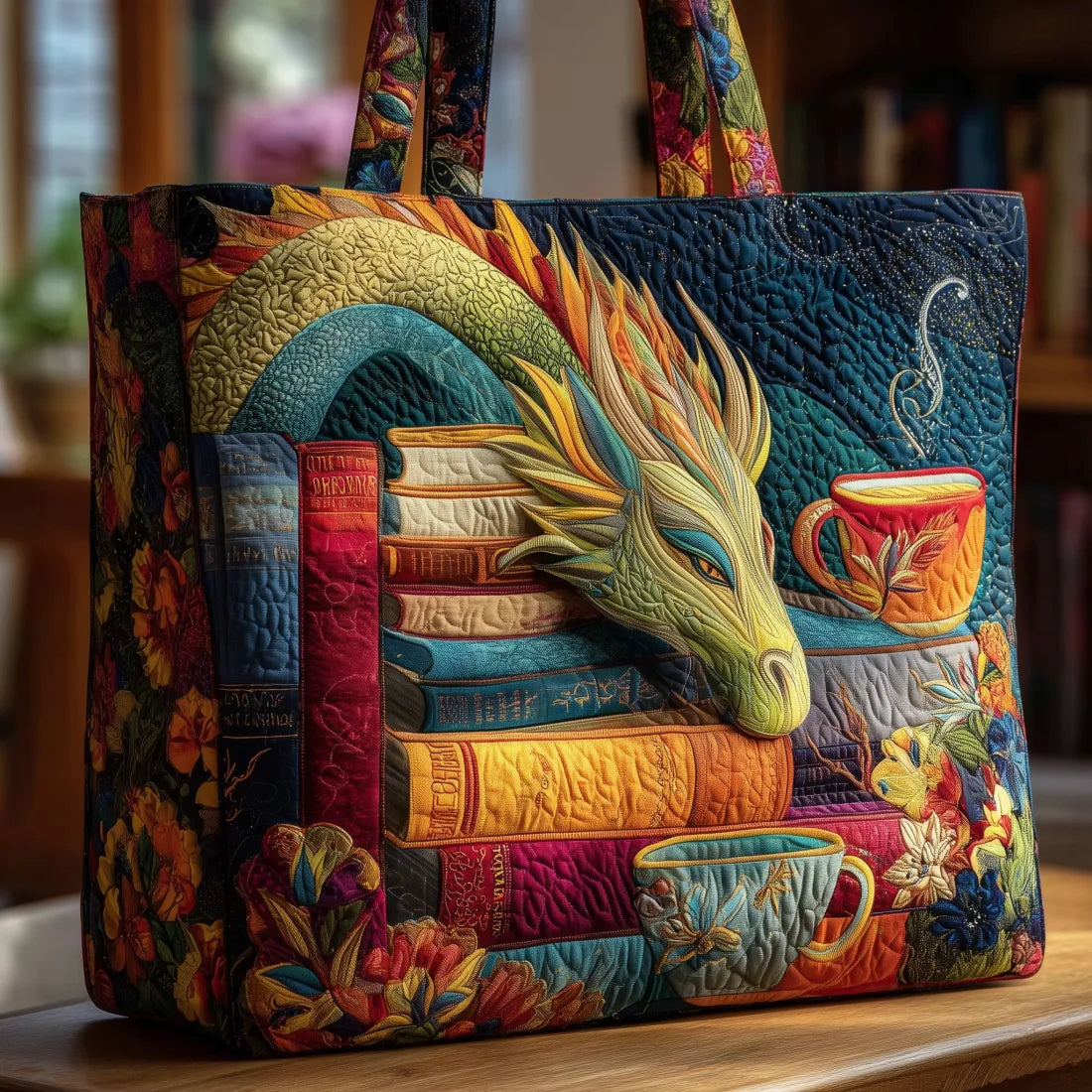 Saco de Ombro com Livros e Canecas de Dragão