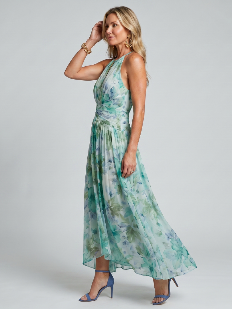 Portia | Vestido Midi Floral com Pregas e Alças