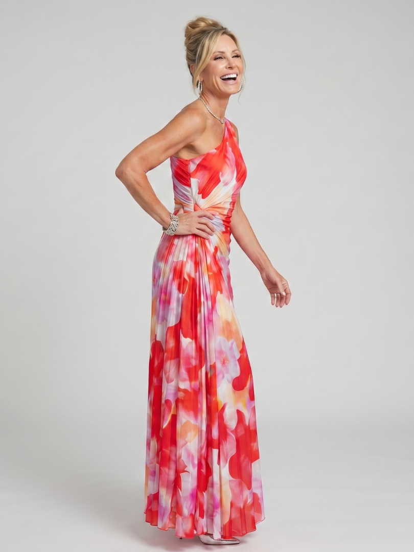 Taya | Vestido Midi com Corpete Plissado de Um Ombro