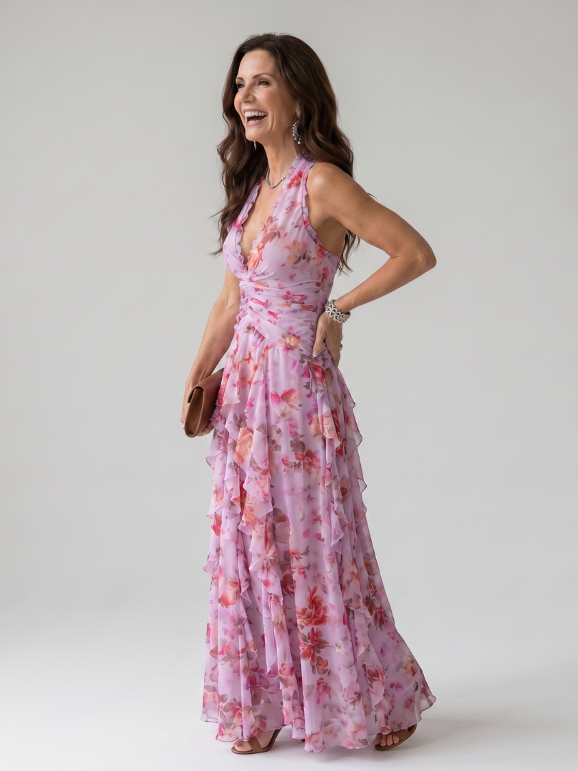 Nori | Vestido Maxi Floral com Decote Halter e Corpete Plissado