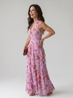 Nori | Vestido Maxi Floral com Decote Halter e Corpete Plissado