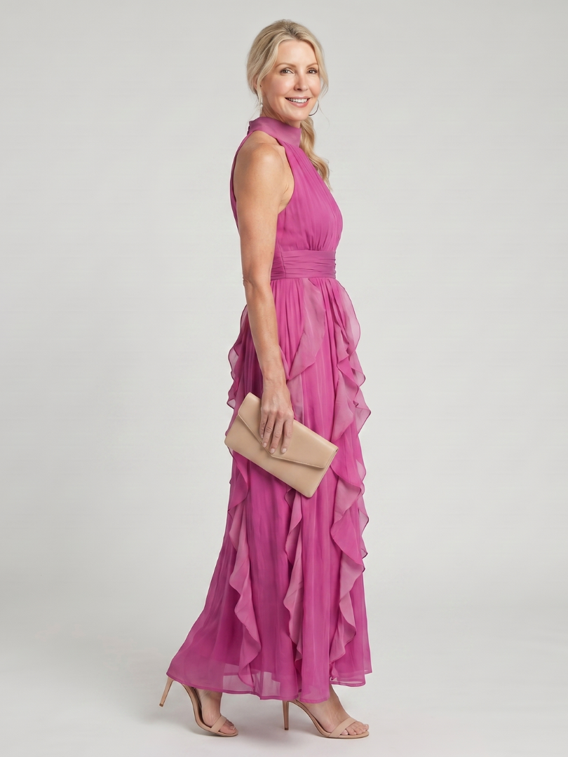 Orea | Vestido Maxi com Decote Alto e Camadas de Renda