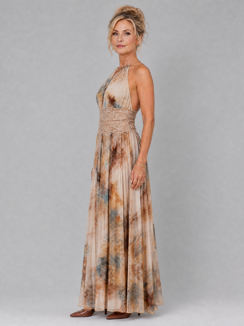 Elavenue | Vestido Maxi de Alças com Cintura em Renda