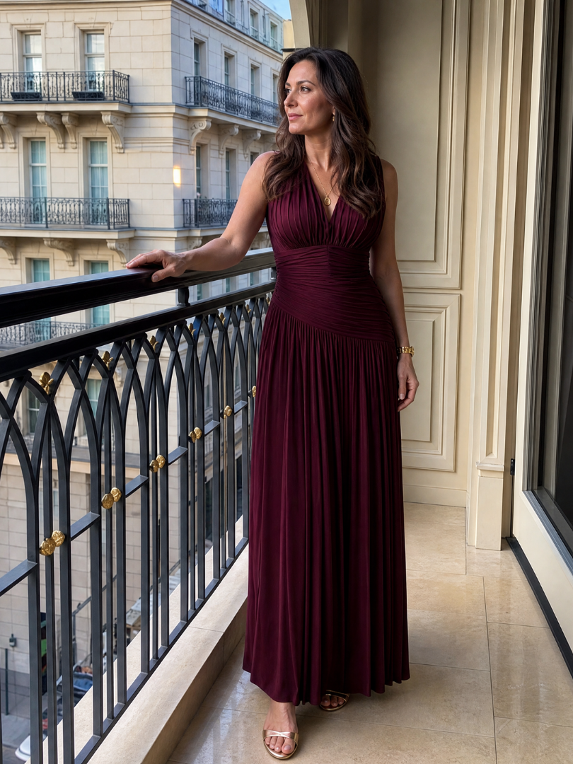Lemar | Vestido Midi Plissado Sem Mangas com Decote em V