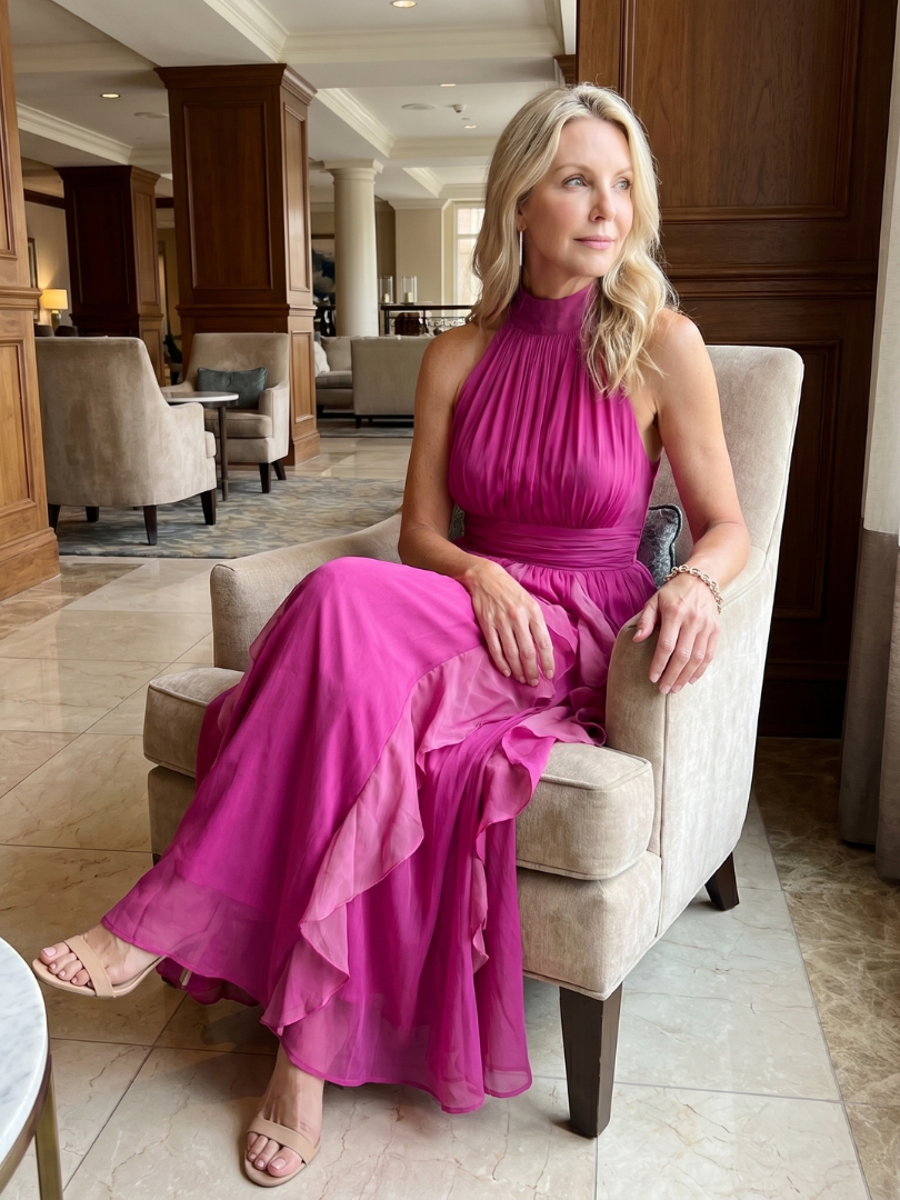 Orea | Vestido Maxi com Decote Alto e Camadas de Renda