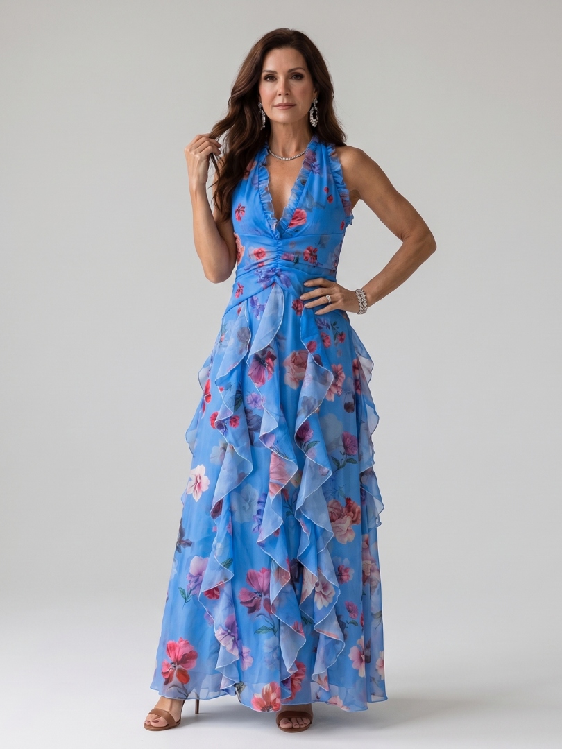 Nori | Vestido Maxi Floral com Decote Halter e Corpete Plissado