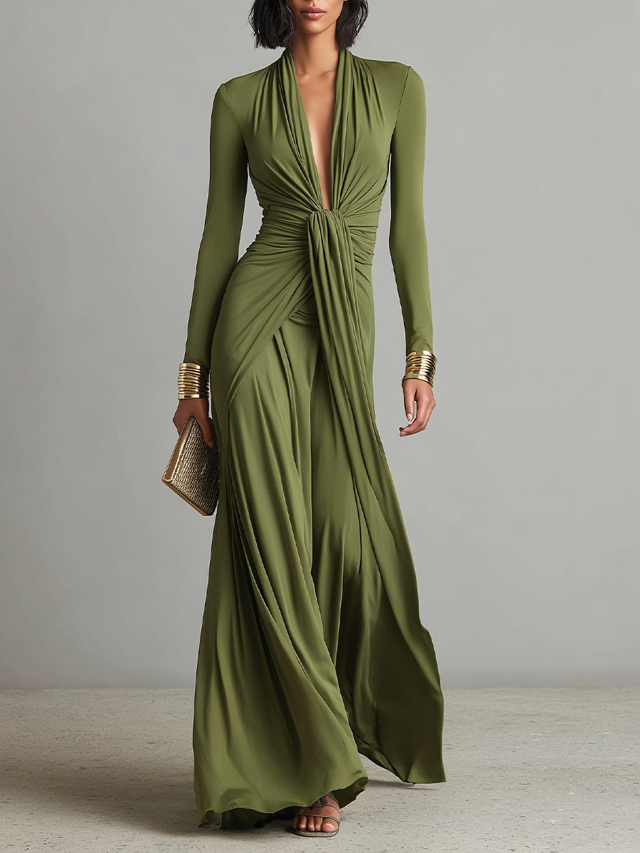 Vestido Maxi de Seda Verde Oliva com Decote em V
